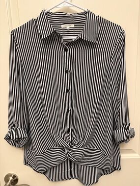 Maurices Black and White Striped Button-Front Knot Shirt